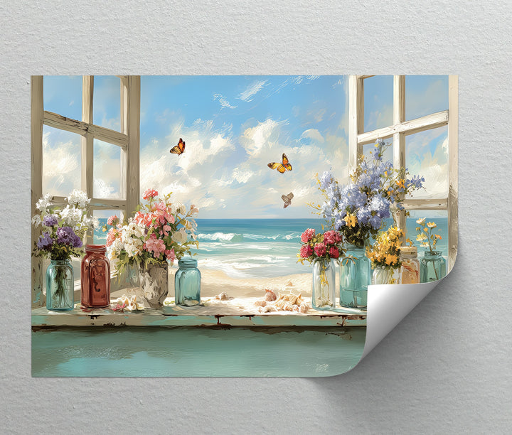 Butterflies by the Shore – Seaside Window Flowers Canvas Print