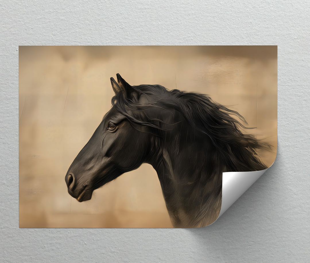Silent Majesty – Black Horse Portrait on Warm Beige Canvas Print