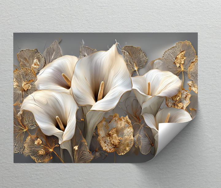 White Calla Lilies with Gold Leaves - Canvas Print