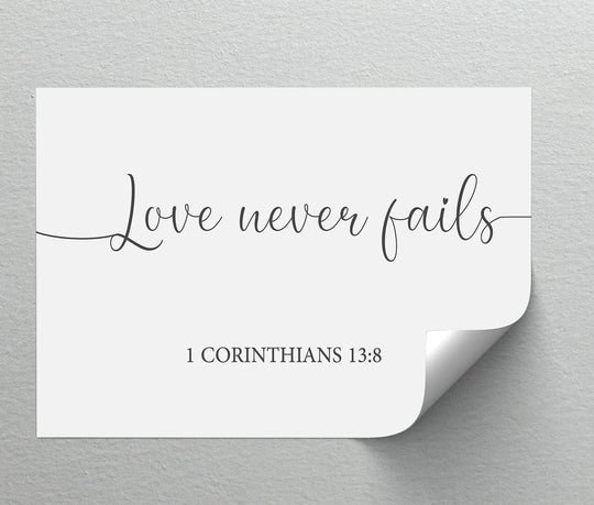 Horizontal rectangular canvas art prints feature the text 'Love never fails, 1 Corinthians 13:8' in elegant black lettering.