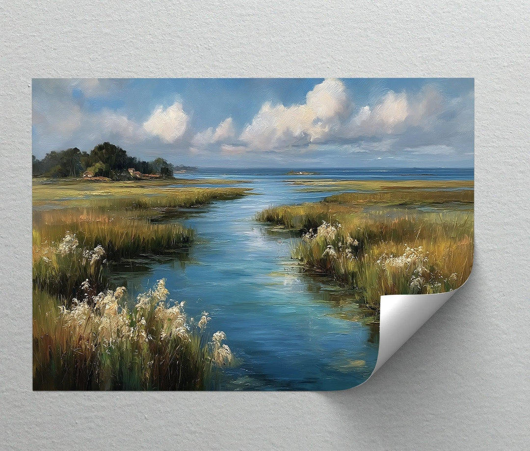 Peaceful marshland landscape with shimmering blue water


