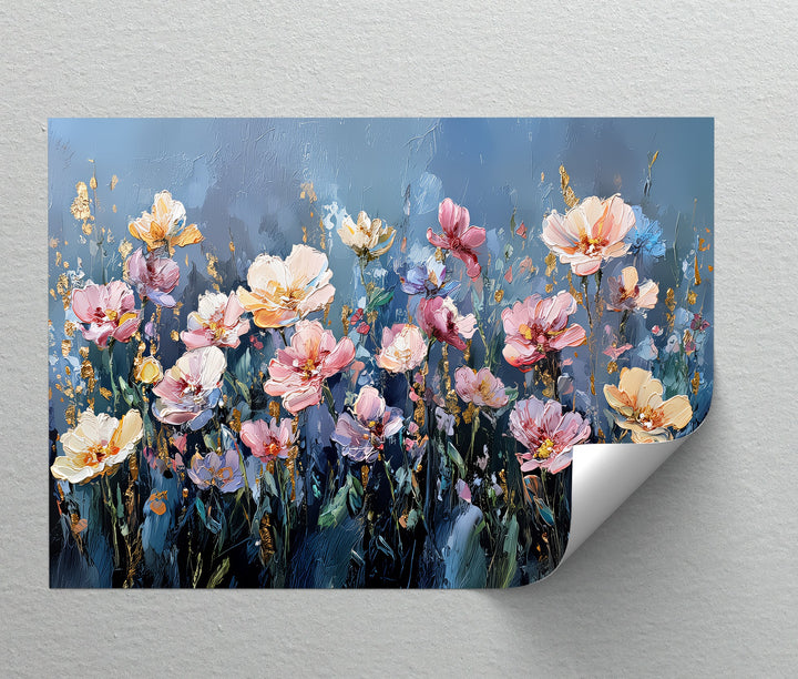 Twilight Bloom – Elegant Garden Flowers on Blue Canvas Print