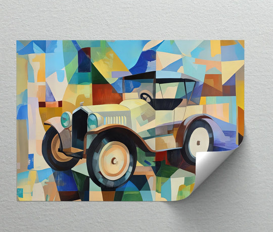 Foreground details highlight the unique canvas wall decor featuring a geometric vintage car print with colorful, abstract patterns.