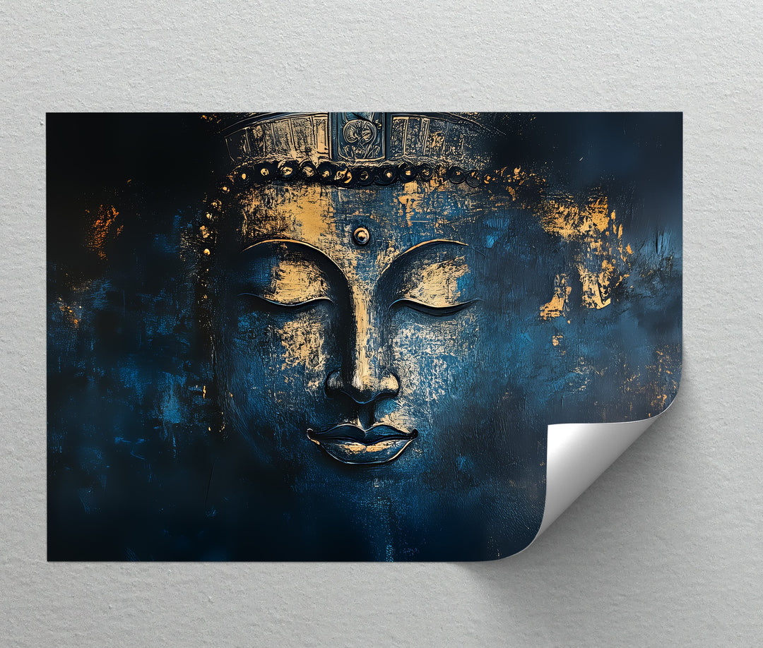 Mystic Serenity – Golden Buddha Face on Midnight Blue Canvas Print