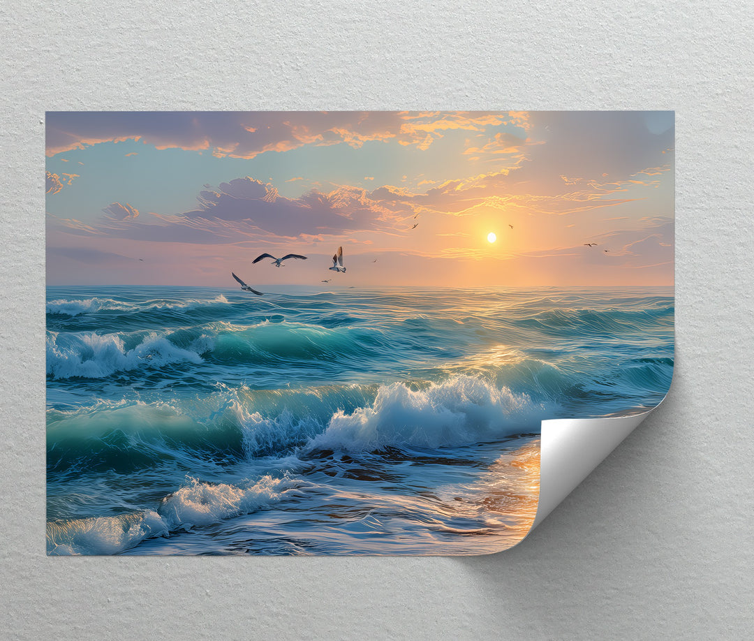Seagulls Over a Sunset Beach - Canvas Print