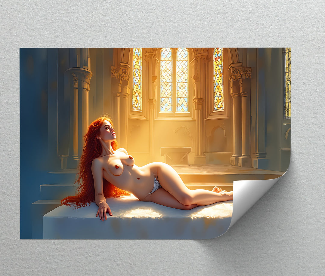 Nude Goddess in Sunlit Cathedral - Erotic Canvas Print | Framed Art