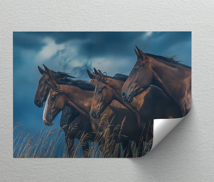 Herd of Brown Horses Under Moody Sky - Horse Canvas Print