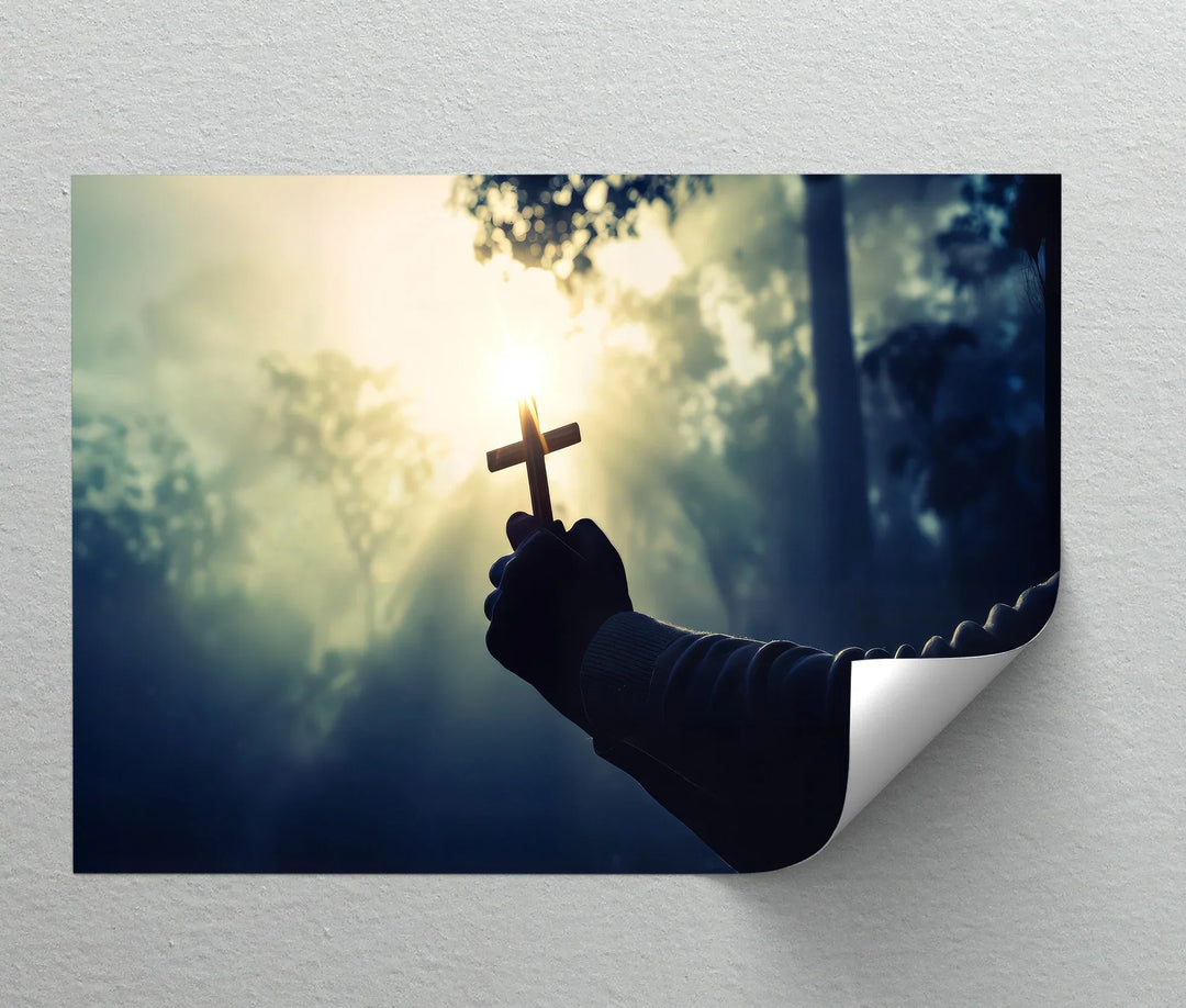 Faith in the Light – Hand Holding Cross in Sunrise Canvas Print