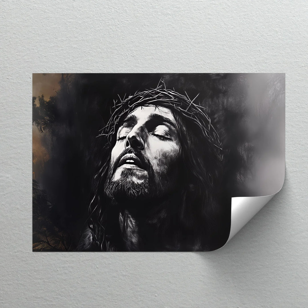 Dark-toned faith wall decor of Jesus with expressive detail.

