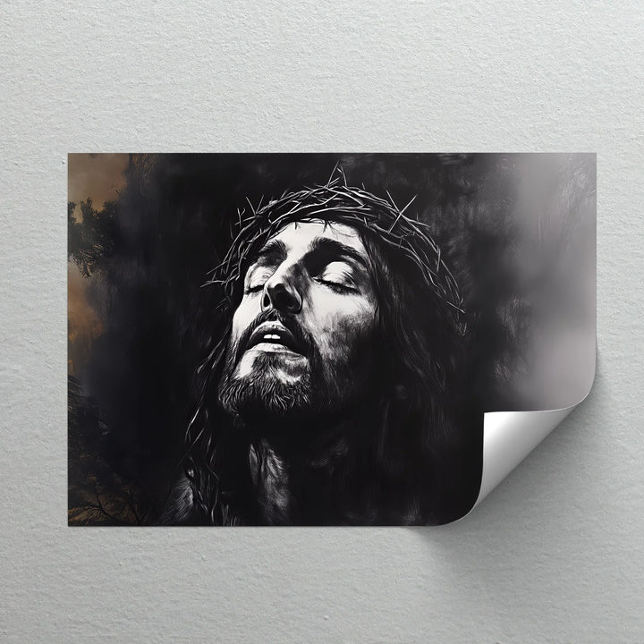 Dark-toned faith wall decor of Jesus with expressive detail.

