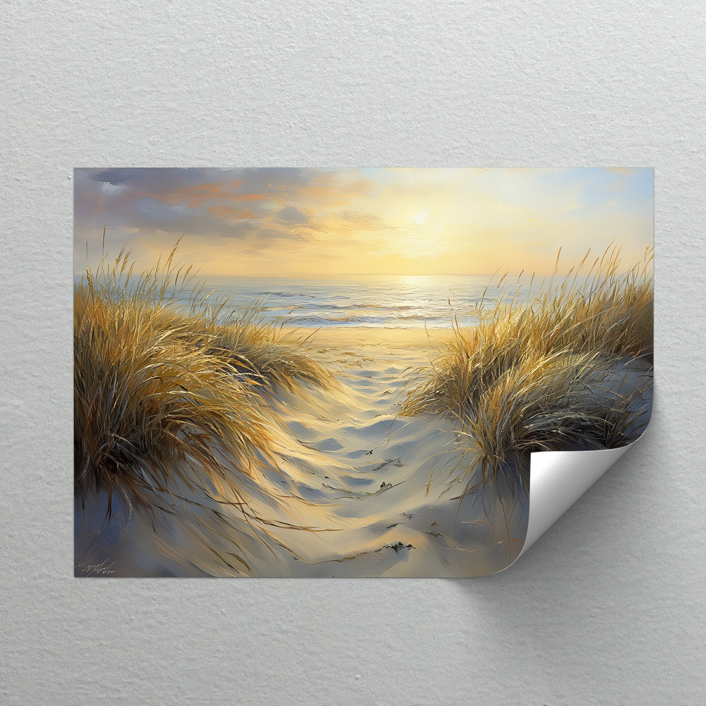 Tranquil shore path meets golden light in this nature-inspired canvas painting.

