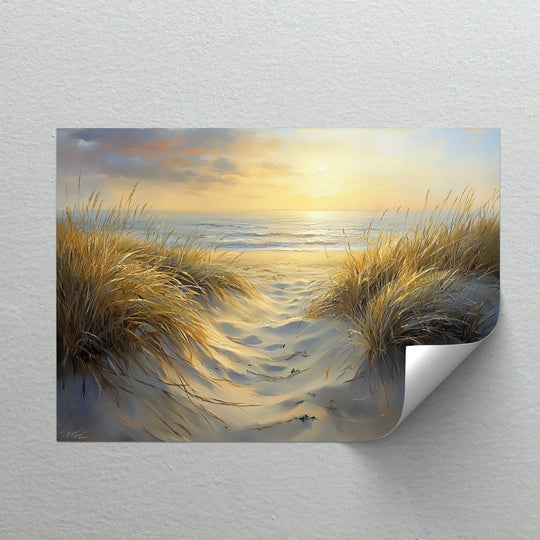 Dominant golden hues illuminate the peaceful Golden Dune Path at Sunset framed canvas art, beautifully showcasing the canvas art's serene beach landscape.