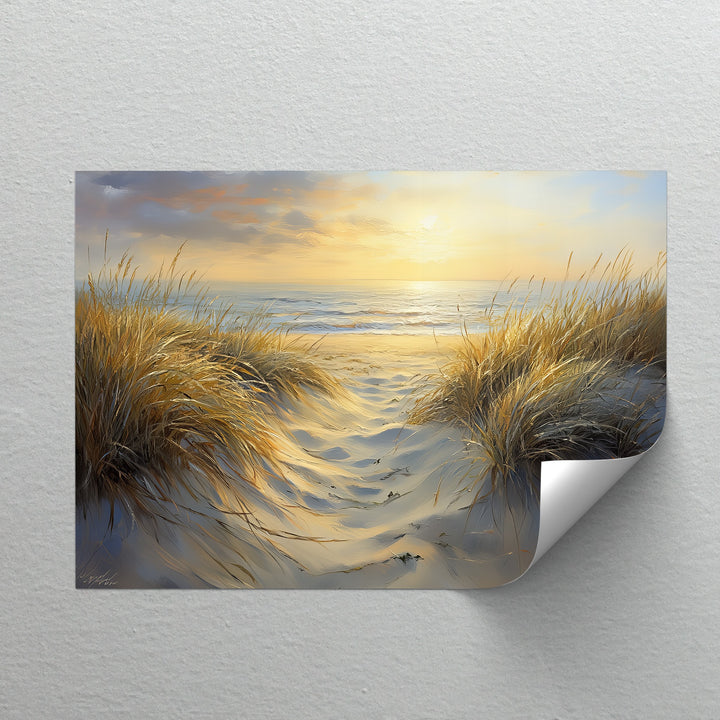 Tranquil shore path meets golden light in this nature-inspired canvas painting.

