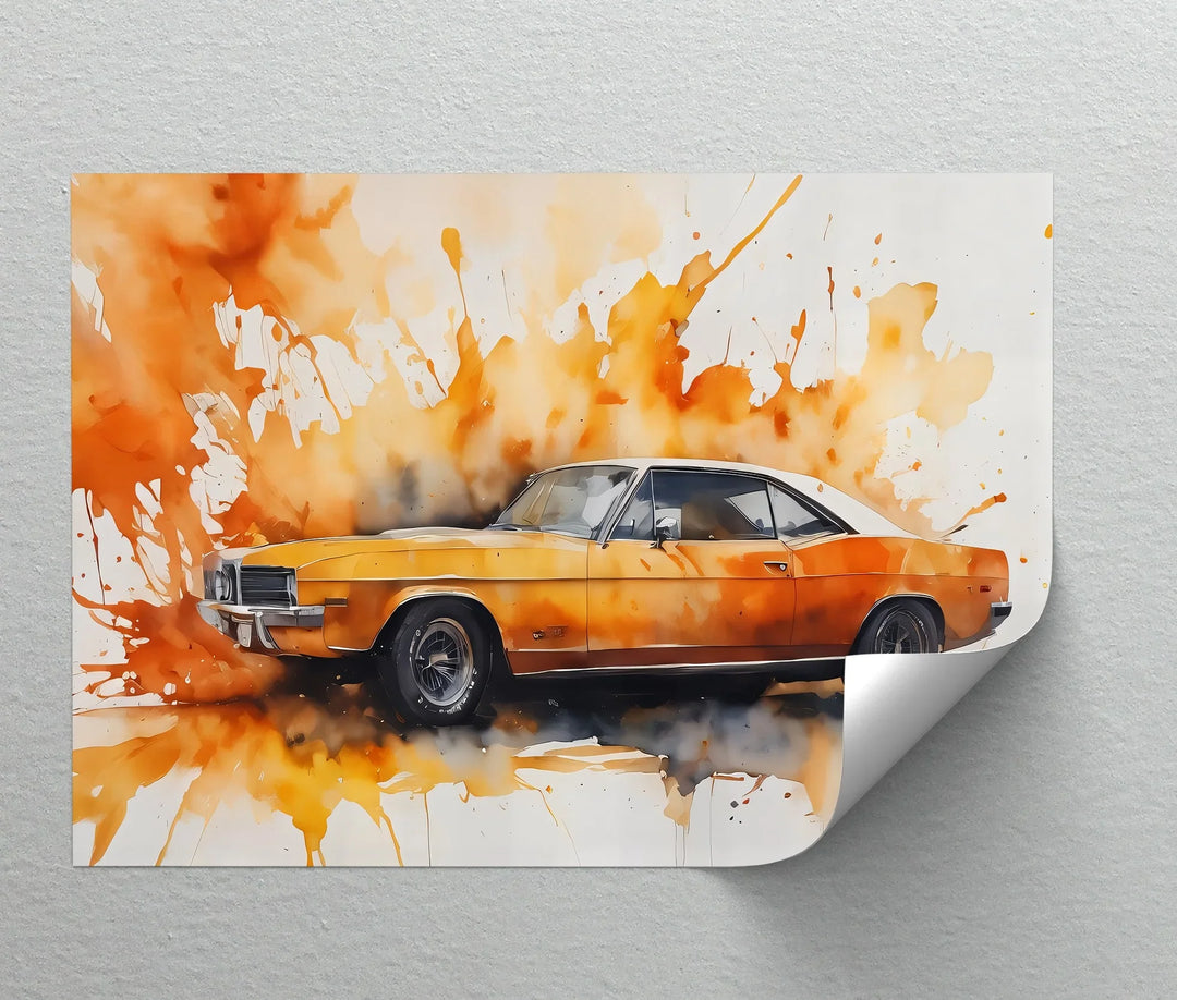 Orange Muscle Car with Paint Splash- Car Canvas Print