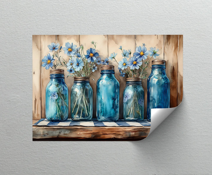 Vintage Blue Mason Jars with Wildflowers – Farmhouse Kitchen Canvas Art - MyPhotoStation