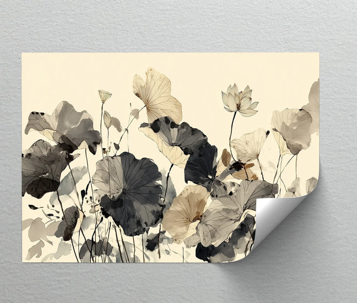 Stylized lotus leaves in soft monochrome watercolor

