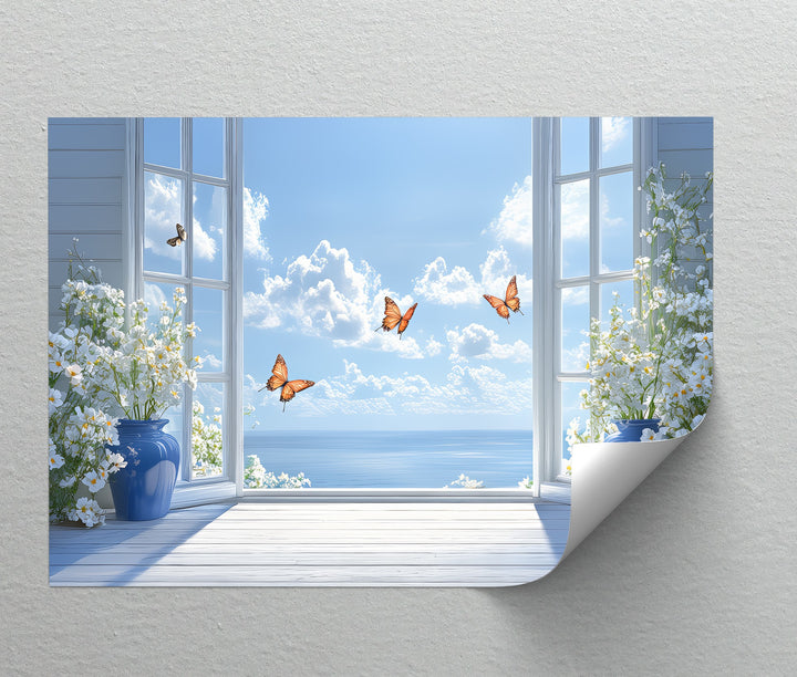Ocean Breeze Serenity – Blue Vase Flowers and Butterflies Canvas Print