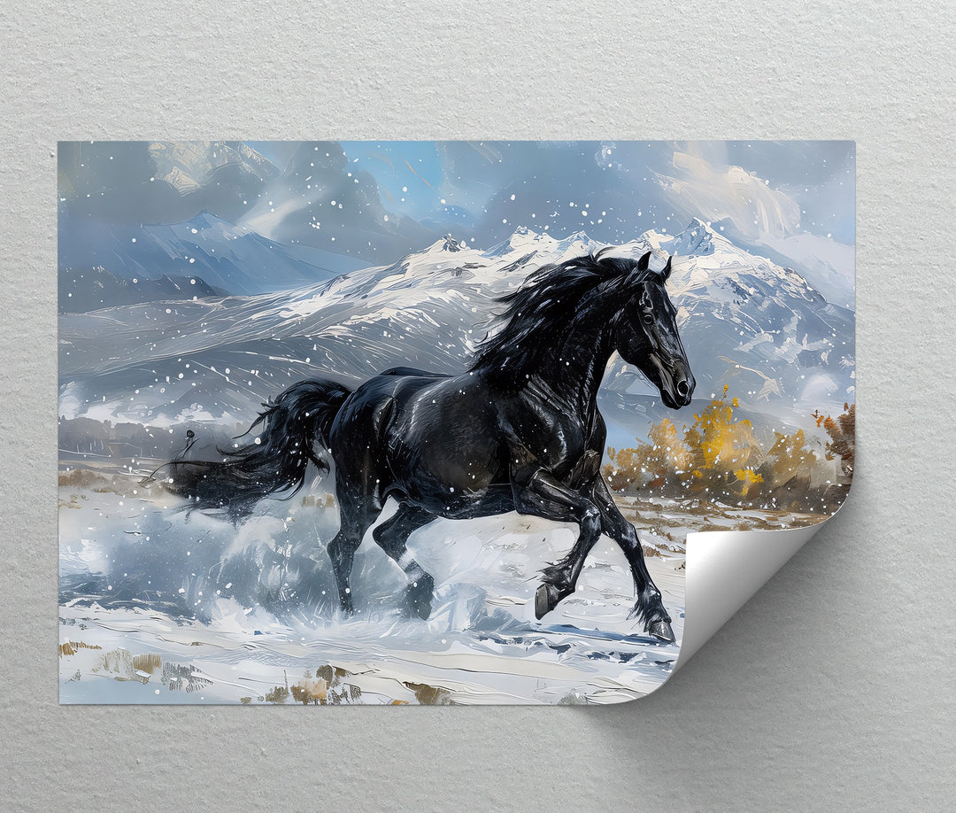 Galloping Black Stallion in Snowy Mountains - Horse Canvas Print
