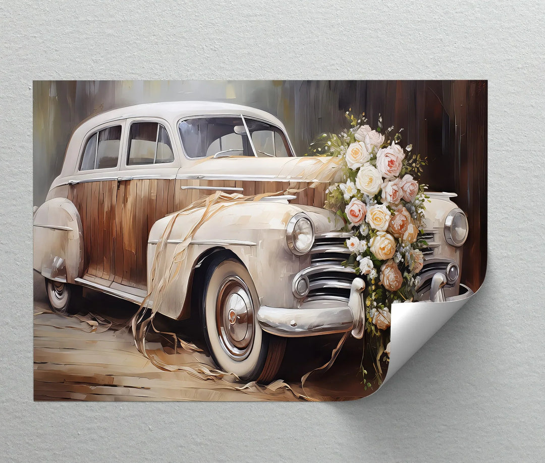 Vintage Wedding Car with Floral Elegance – Car Canvas Print
