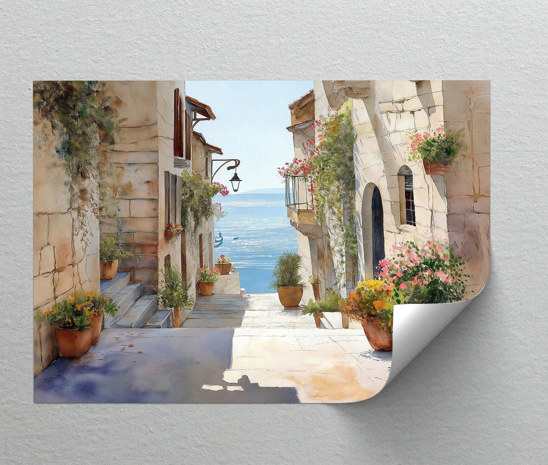 Mediterranean street scene canvas artwork with sea view and flowers

