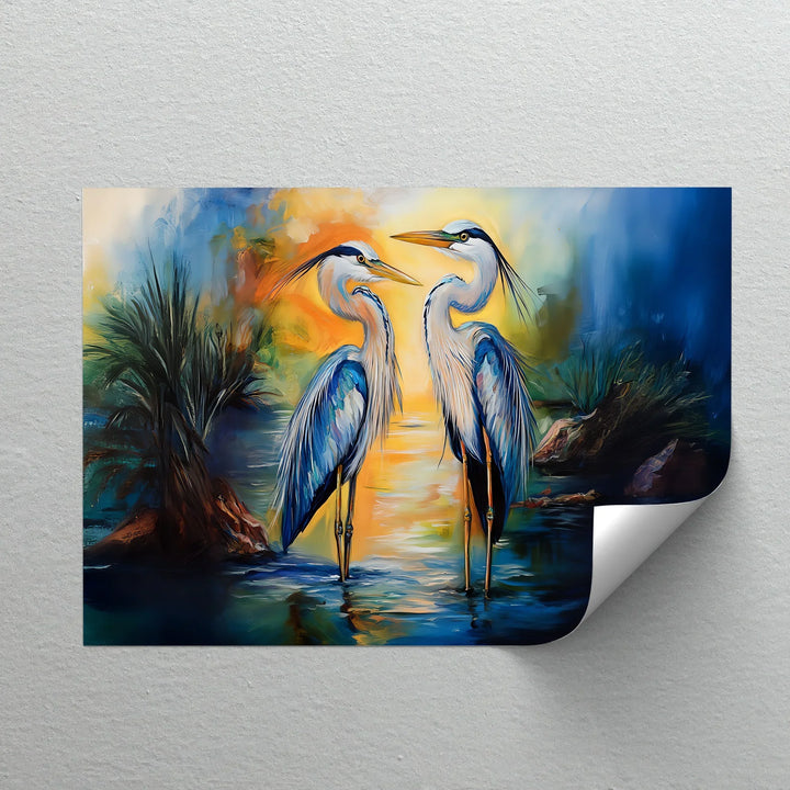Twin Grace – Elegant Blue Herons at Sunset Canvas Wall Art - MyPhotoStation