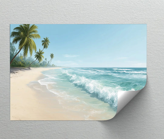 Foreground palm trees and rolling ocean waves create stunning depth in this beach horizon canvas wall art, enhancing the print's layered, tranquil tropical scene.