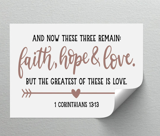 Bold black lettering sharply contrasts with the muted mauve scripture and heart in this Christian canvas pictures print, featuring the meaningful 'Faith, Hope & Love' verse.