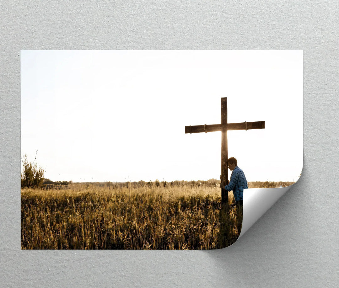 Man Praying by Cross - Jesus Canvas Print