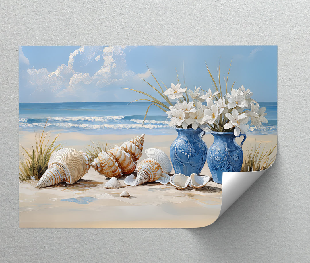 Coastal Serenity – Seashells and Blue Vases Canvas Print