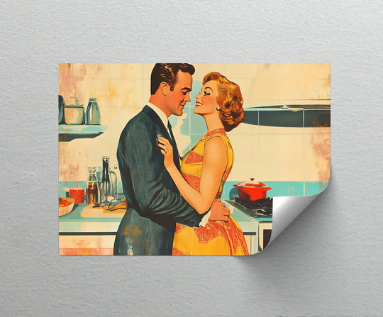 Radiating charm, the retro couple in the kitchen canvas print showcases the smooth transition between hues enhancing this high quality canvas prints of vintage romance.