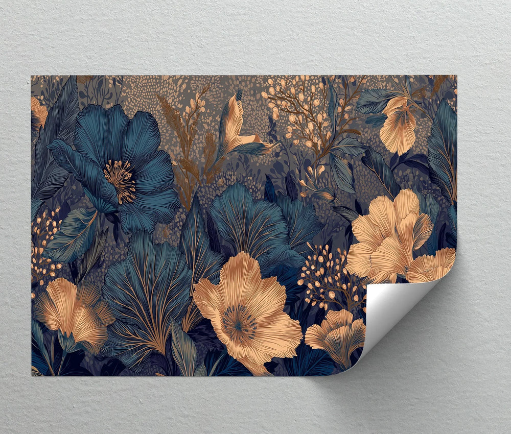 Elegant gold and blue flower wall art with moody dark background

