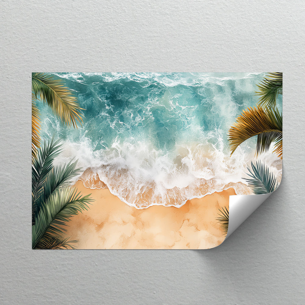 Lush palms meet ocean waves in this vibrant canvas print.

