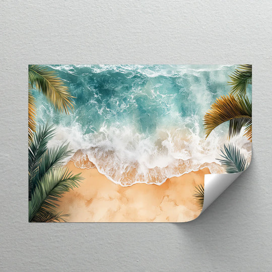 Textured surface of the canvas wall decor showcases a dynamic tropical shoreline view with foamy waves and the fine, sandy beach meeting azure waters.