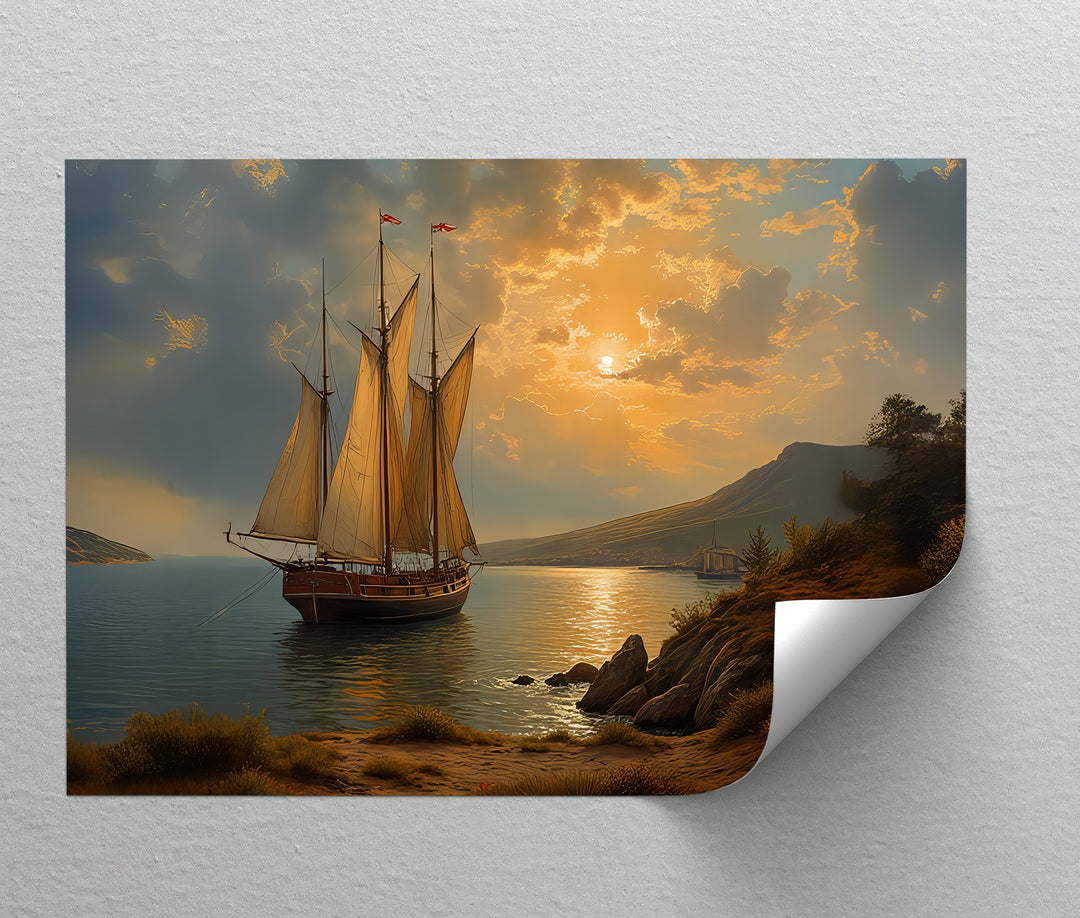 Golden Horizon Voyage – Sailing Ship Sunset Canvas Wall Art | Framed Art