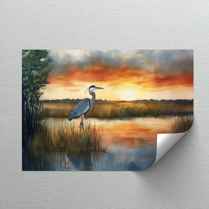 Evening Reflection – serene nature canvas print featuring heron and golden sky.

