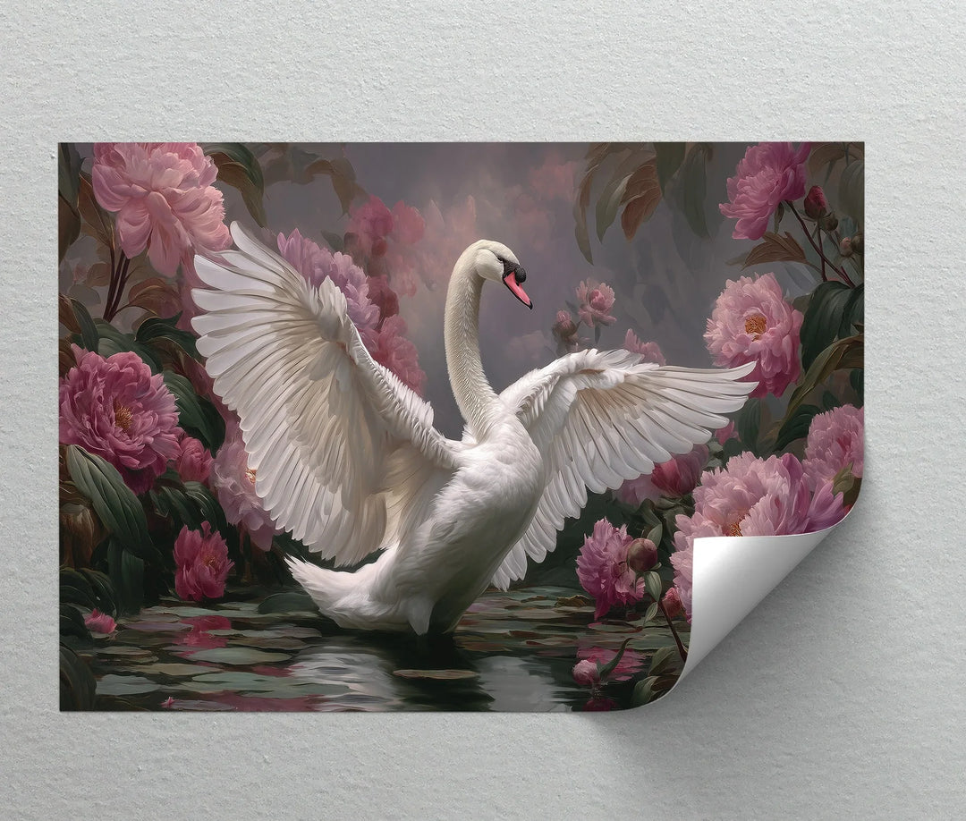 Serene nature inspired canvas art with swan in floral pond setting

