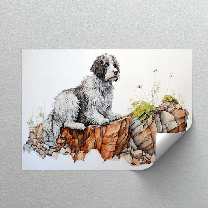 Cliffside Watch – Shaggy Dog on Rocky Ledge Pencil Art Canvas Print - MyPhotoStation