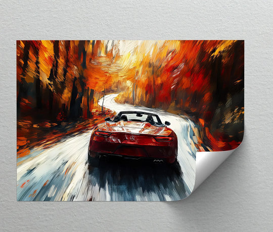 Painterly strokes of reflected light in the autumn woods soften the edges of this 'Autumn Roadster in Motion' canvas wall art print.