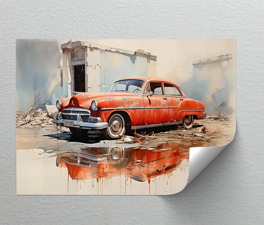 Reflecting vintage charm with a beautifully textured canvas art prints finish, this 'Echoes of the Past' car canvas print captures a cinematic red car amidst ruins.