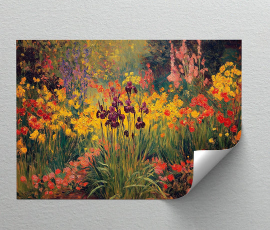 Impressionistic daubs of color create an ethereal backdrop of flourishing flora in the best canvas prints featuring a vibrant iris garden.