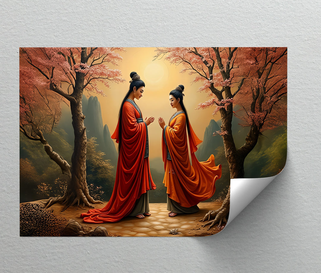 Harmony Under the Blossoms – Oriental Couple Canvas Wall Art | Framed Art