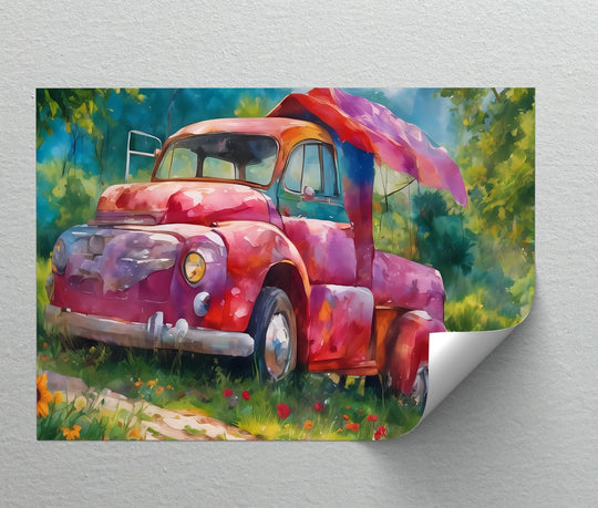 Bright red vintage truck, the loudest element, dominates this colorful car canvas wall decor art print in a meadow setting.