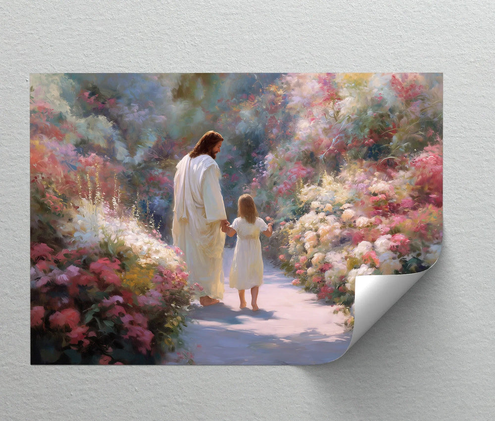 Inspirational religious wall art featuring Jesus in a colorful floral setting

