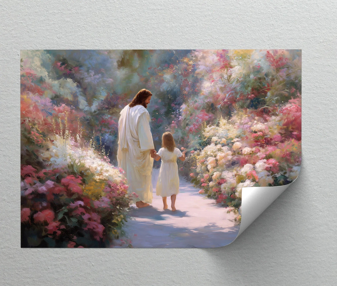 Inspirational religious wall art featuring Jesus in a colorful floral setting

