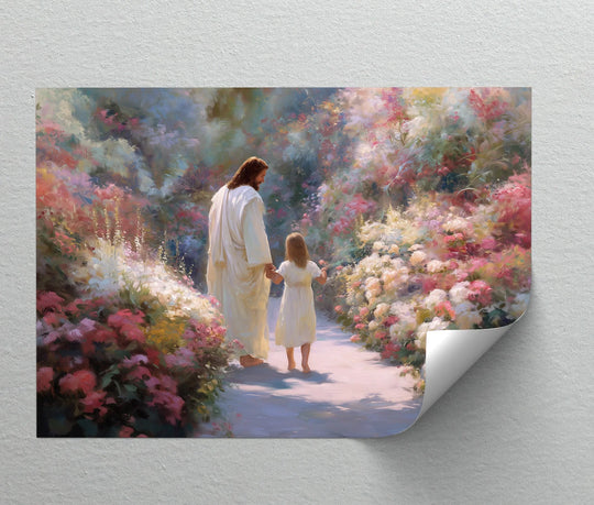 Warm color temperature highlights the inviting big canvas prints of Jesus guiding a child through a bright, floral garden path in this artful print.