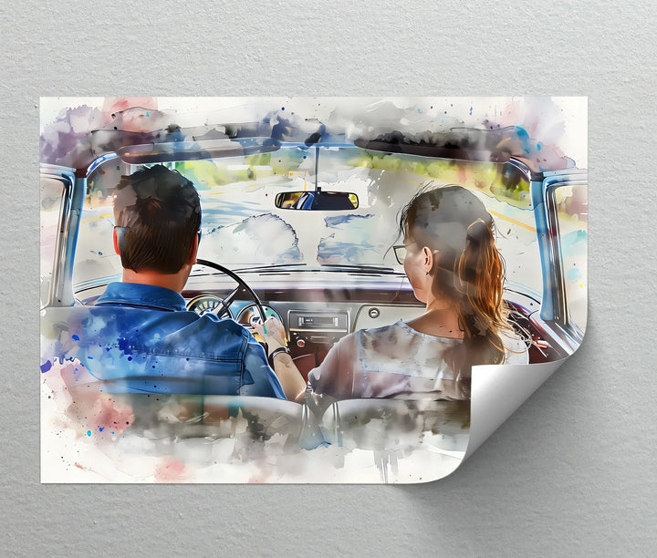 Romantic Couple Driving Vintage - Car Canvas Print