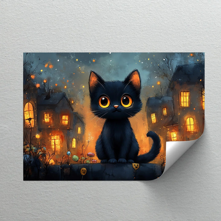 Big-Eyed Black Kitten in a Halloween Town - Cat Canvas Print - MyPhotoStation