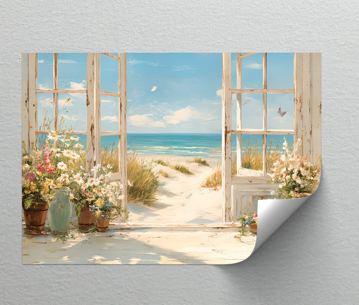 Seaside Serenity – Open Window to Coastal Bloom Canvas Print
