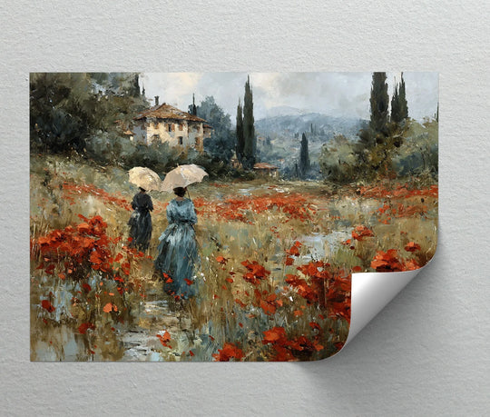 Horizontal Ladies with Umbrellas canvas print showcases a unique canvas print of women in a poppy field, with a curled corner adding visual interest.