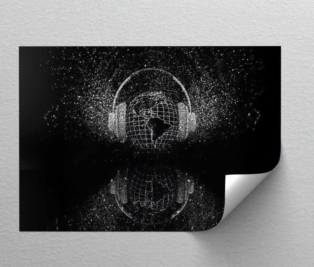 Earth in Headphones – black and white music wall art.


